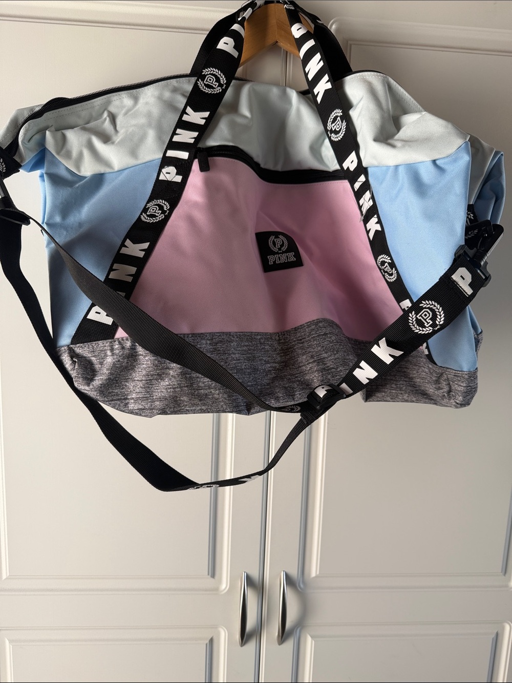 PINK Victoria's Secret Pastel Colorblock Gym Duffel - Pink, Light Blue & Gray